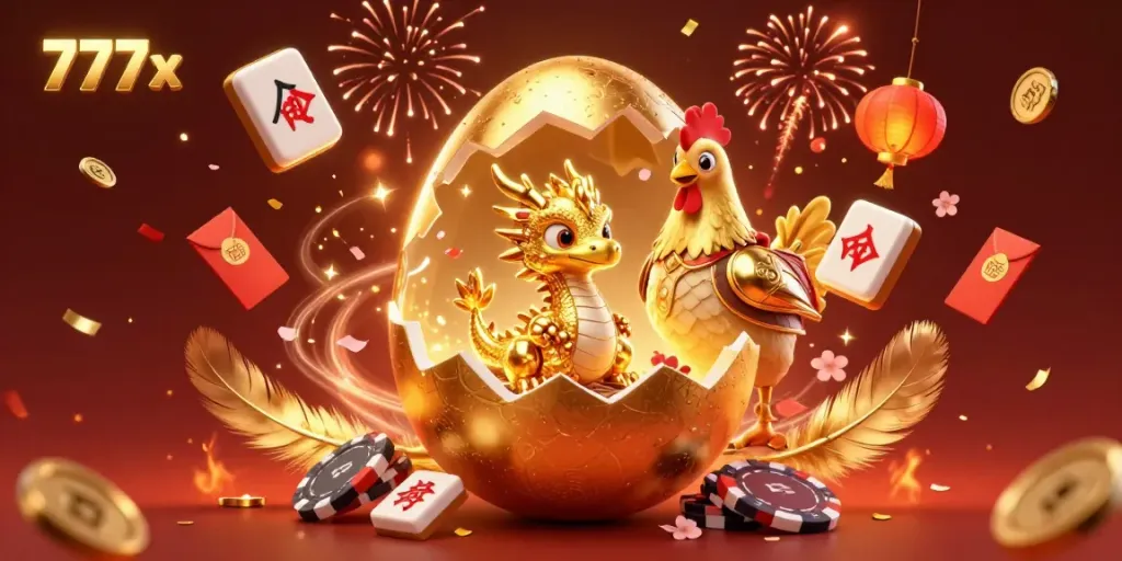 Experience the thrilling 777x world with a golden dragon amidst celebratory elements and casino vibes.