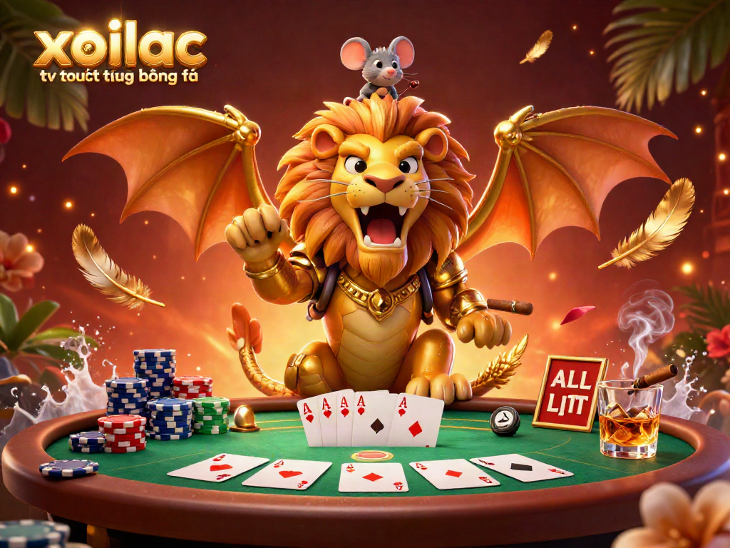 Xoilac tv trực tiếp bóng đá showcases a vibrant 3D chimera and mouse jockey surrounded by gambling elements.