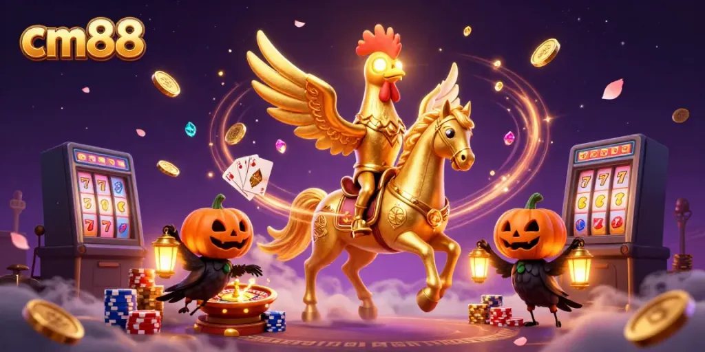 Experience cm88's exhilarating gameplay with a golden rooster riding through a mystical casino.