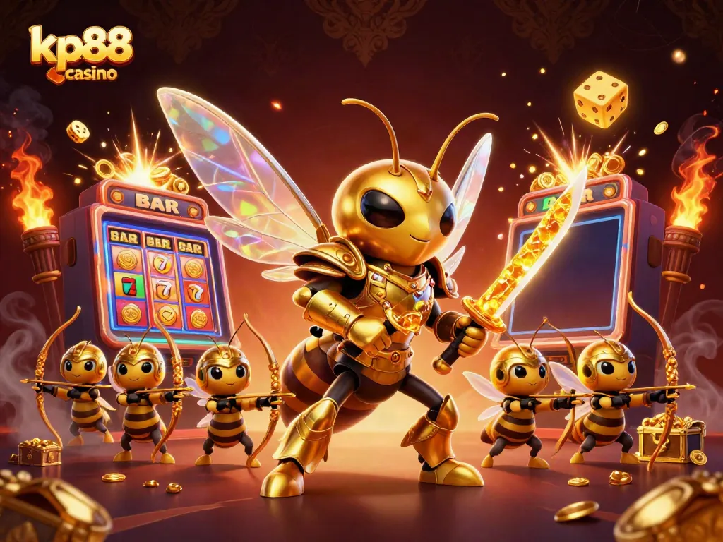 kp88 casino showcases a vibrant 3D illustration of a golden samurai hornet and bee archers amidst jackpot-winning elements.