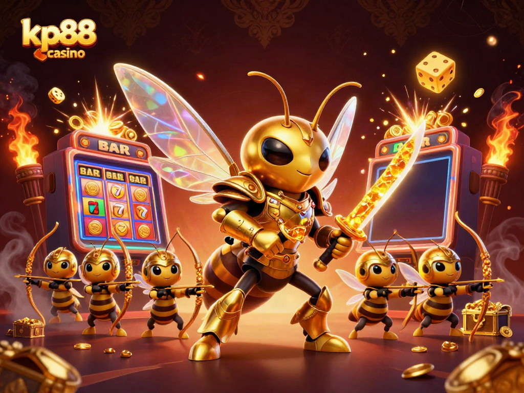 kp88 casino showcases a vibrant 3D illustration of a golden samurai hornet and bee archers amidst jackpot-winning elements.
