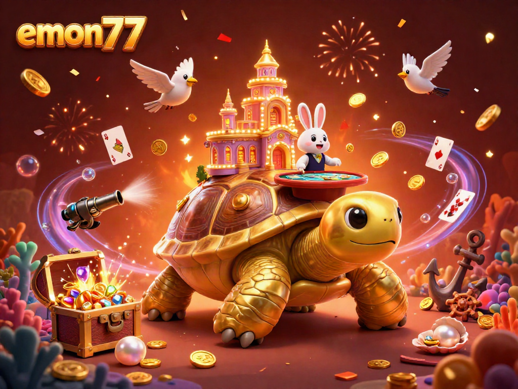 Experience exciting gaming at emon77 with a golden tortoise-themed casino scene showing dynamic gameplay elements and colorful characters.