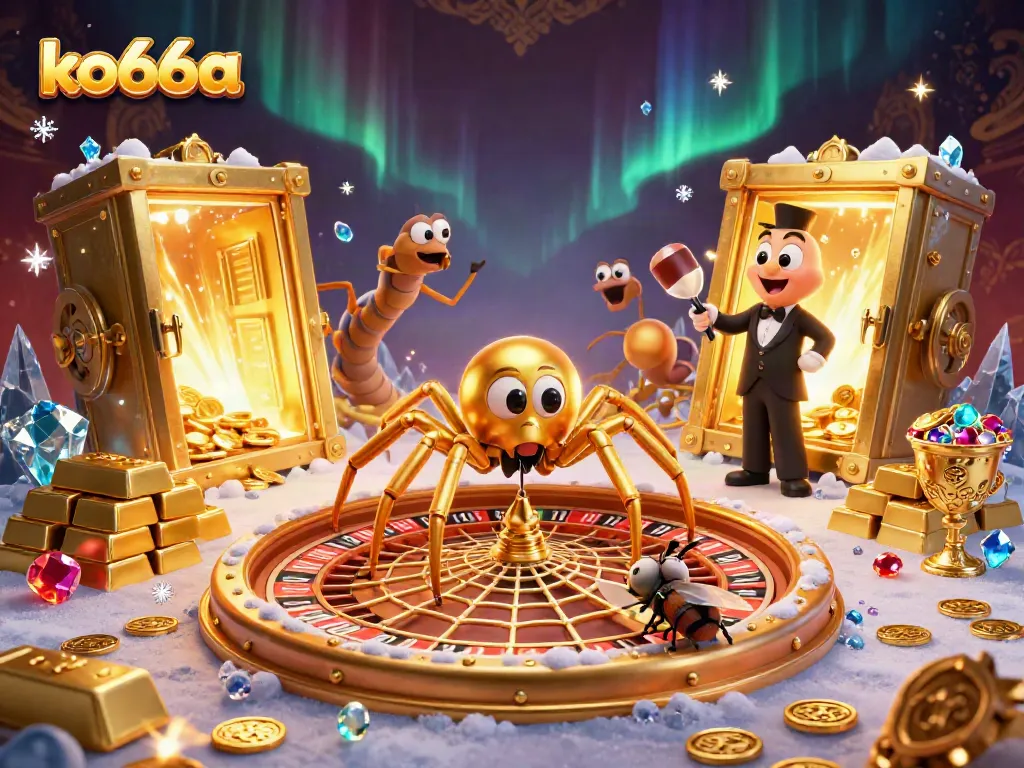Engage with thrilling gameplay at ko66a featuring a roulette wheel spun by a golden spider in an enchanting casino scene.
