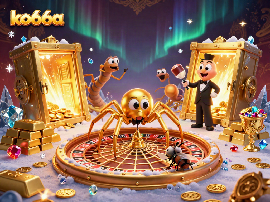 Engage with thrilling gameplay at ko66a featuring a roulette wheel spun by a golden spider in an enchanting casino scene.