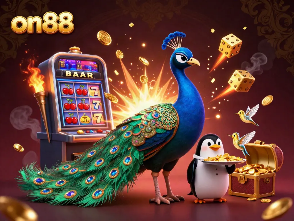 Experience the vibrant world of on88 with a dazzling 3D casino scene featuring a peacock, penguin, and hummingbird amid colorful jackpot celebrations.