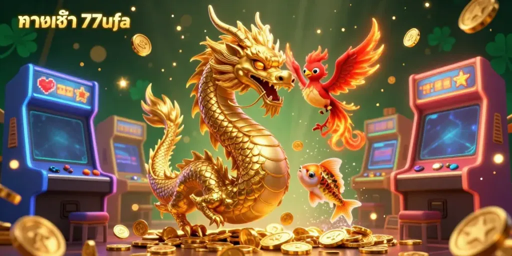 Experience the thrill of gaming with ทางเข้า 77ufa illustrated by a fierce dragon, phoenix, and koi fish in a vibrant casino scene.