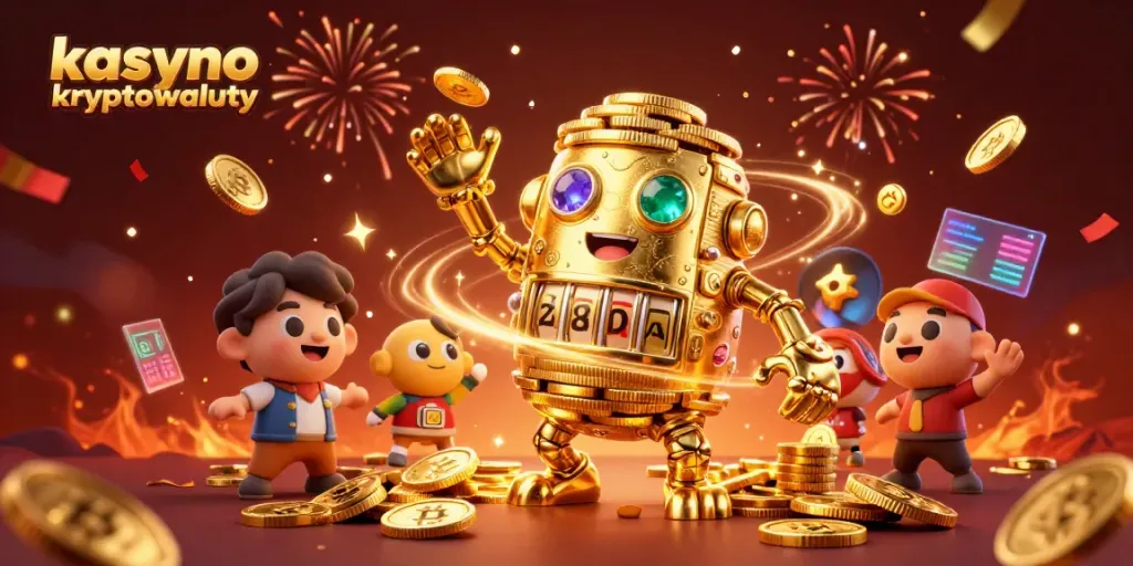 Experience the thrill of kasyno kryptowaluty with golden golem and casino elements in a dynamic scene.
