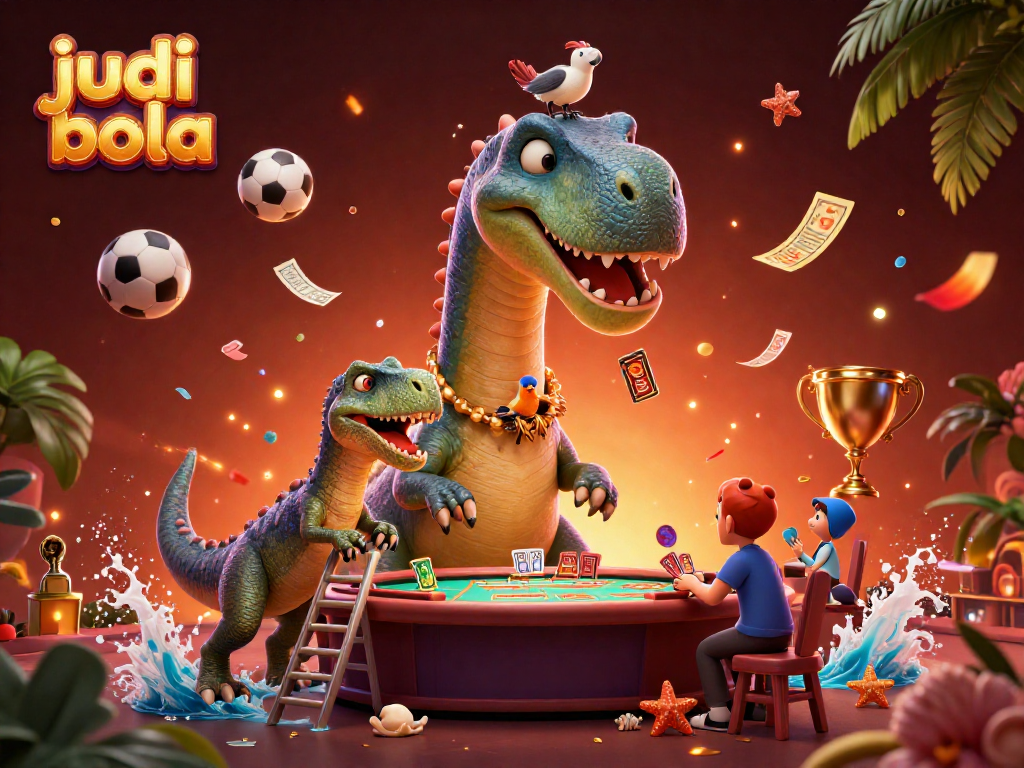 Experience thrilling judi bola action with a giant brontosaurus overseeing a vibrant casino scene.