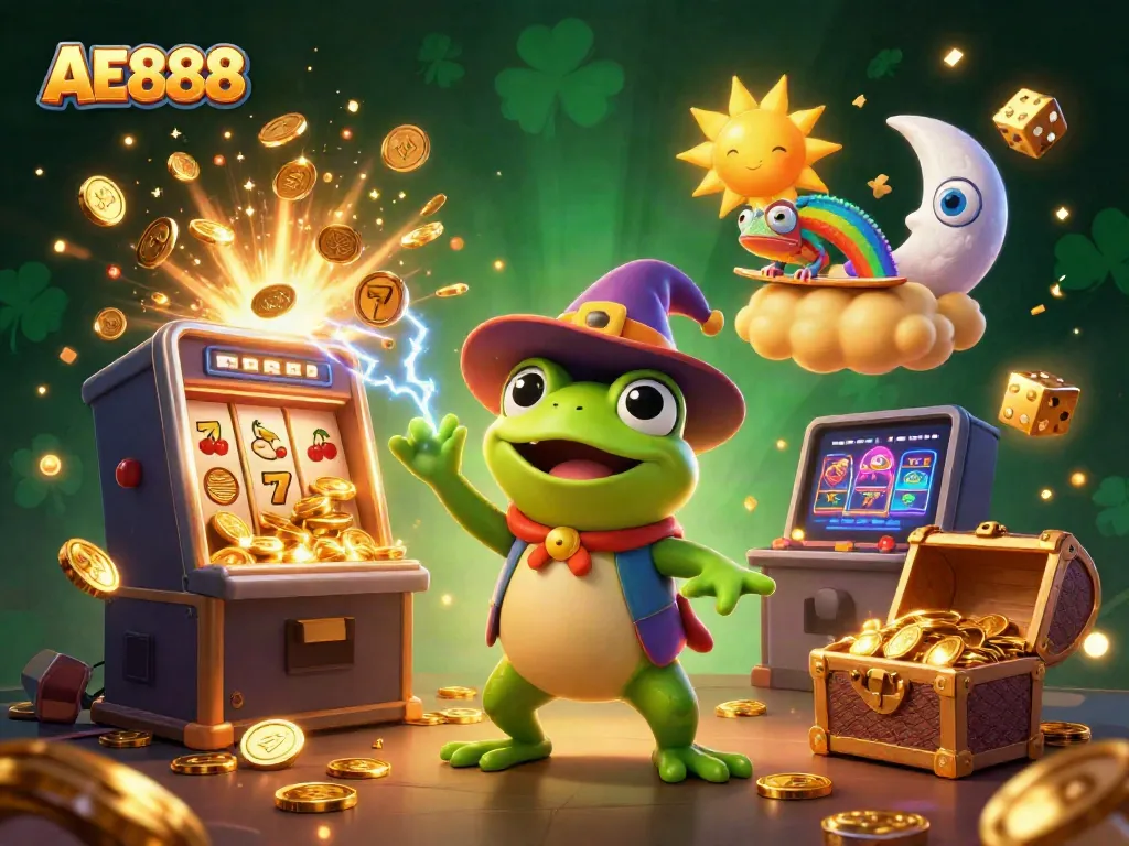 Experience AE888 with a whimsical 3D scene of characters amidst vibrant casino elements.