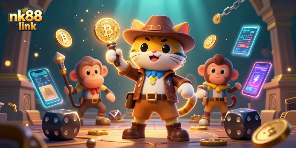 Engage with nk88 link as a cat archaeologist unearths a golden casino artifact surrounded by crypto elements in vibrant 3D.