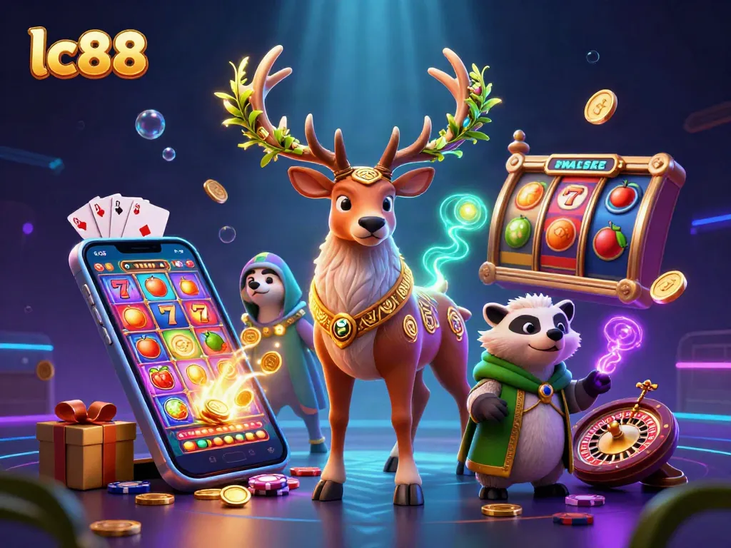 Animate the lc88 experience with engaging slot games and mythical characters in a vibrant casino scene.