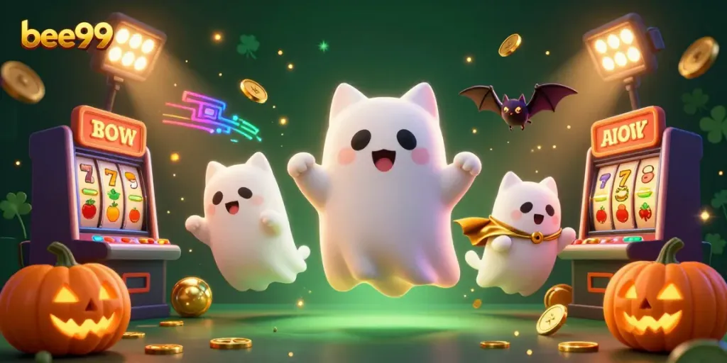 Engage in thrilling gameplay with bee999 as a friendly ghost cat and vampire bat illuminate the haunted casino.