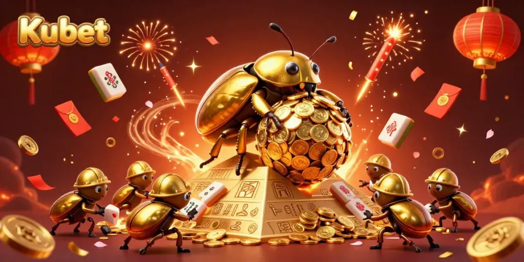 Kubet's vibrant scene with golden dung beetles rolling coins, showcasing exciting gaming elements and festive energies.