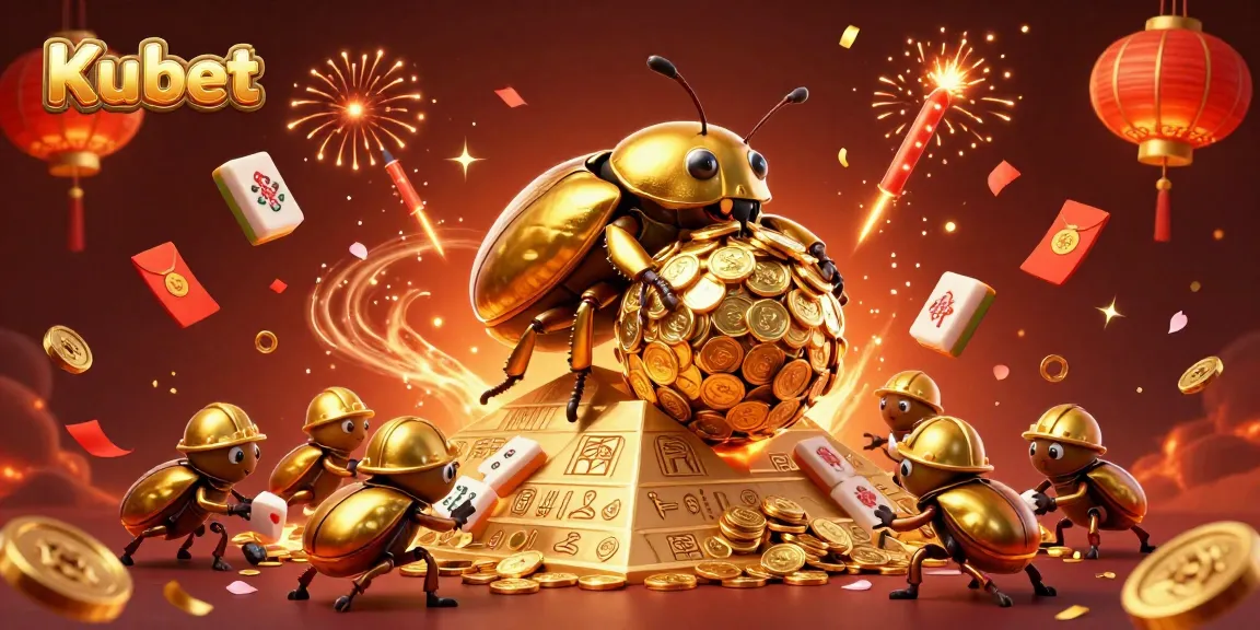 Kubet's vibrant scene with golden dung beetles rolling coins, showcasing exciting gaming elements and festive energies.