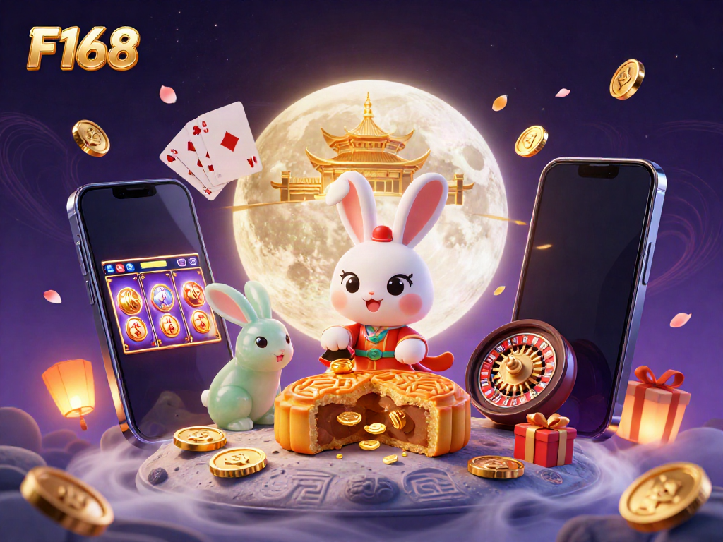 Engage with F168's vibrant casino experience featuring moon rabbits, poker chips, and golden rewards.