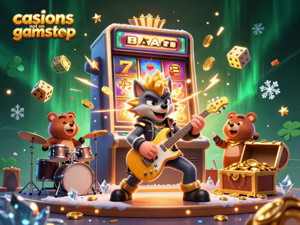 Rock star wolf performing on stage, representing casinos not on gamstop, surrounded by vibrant casino elements and chaos.
