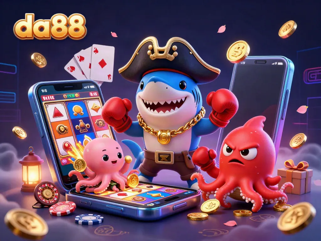 Experience the excitement of da88 with 3D characters and casino games in a vibrant digital illustration.