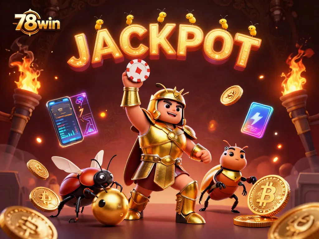 Engage with 78win's thrilling casino adventure featuring a victorious beetle and luminous elements.