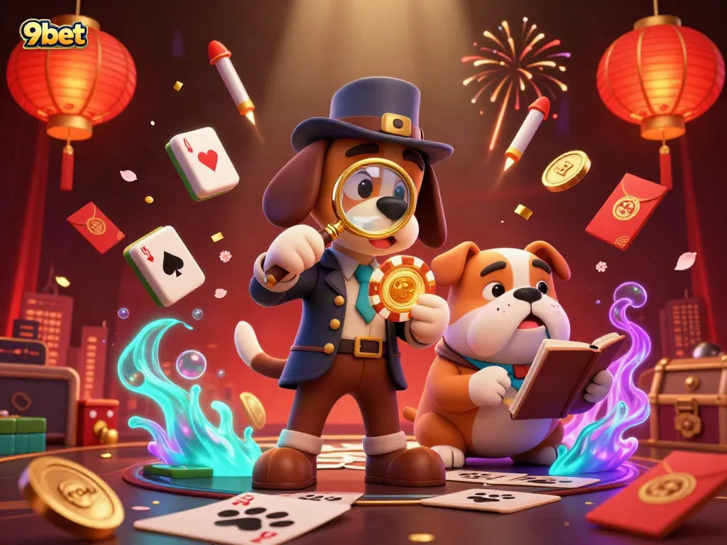 Engage in thrilling moments at 9bet with a vibrant 3D illustration of a detective and companion uncovering treasures in a casino setting.