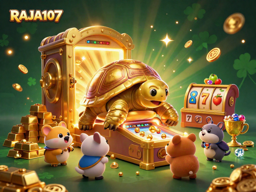 Experience excitement in RAJA107’s vibrant casino scene with a golden tortoise pinball machine.