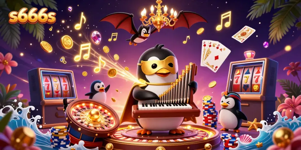 Catch the action at s666s, where a penguin plays an organ shooting coins in a vibrant casino scene.