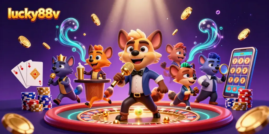 Experience the lively energy of lucky88v casino with hyenas in action, showcasing vibrant gaming elements.