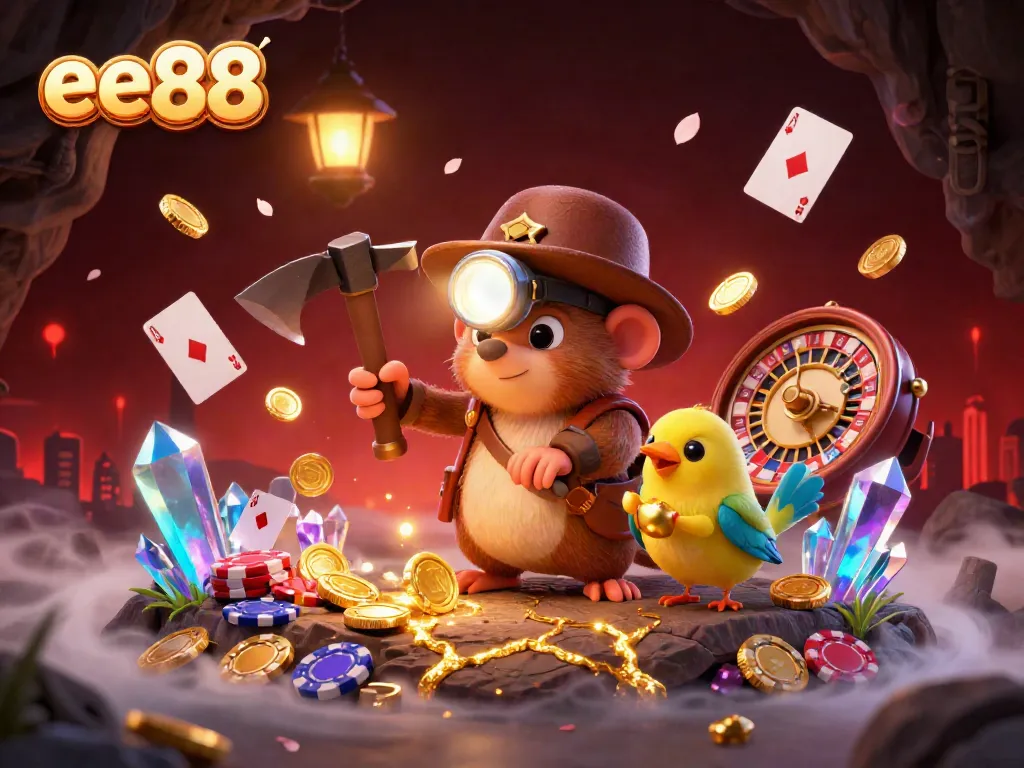 Engage with the thrilling gambling world at ee88 illustrated by a treasure hunter and canary in a gem-filled cave.