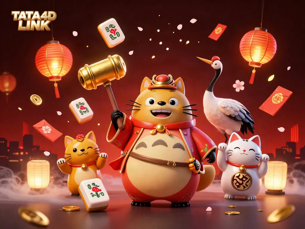 Engage with TATA4D LINK in a vibrant 3D casino scene filled with festive characters and dazzling elements.