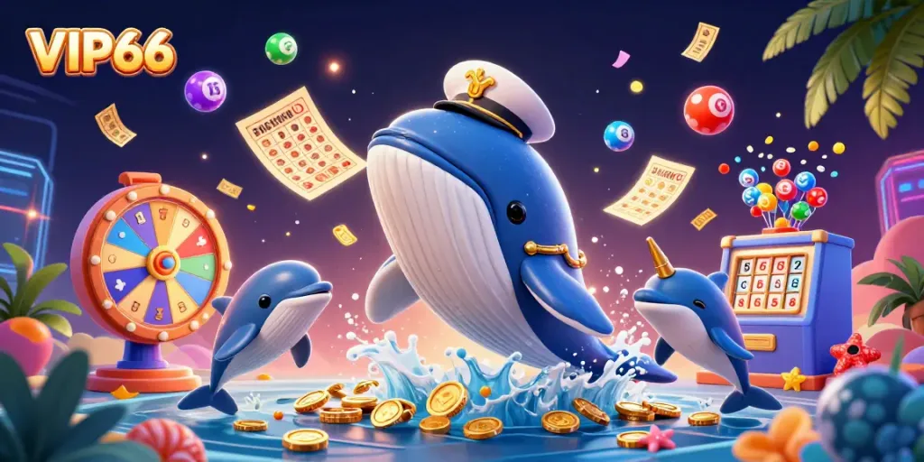 Experience epic winnings at VIP66 with a playful whale and dolphin casino scene filled with vibrant game elements.