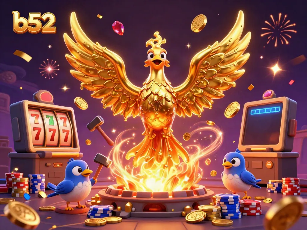 Experience the thrill of b52 with golden phoenix, sparkling gems, and casino elements.