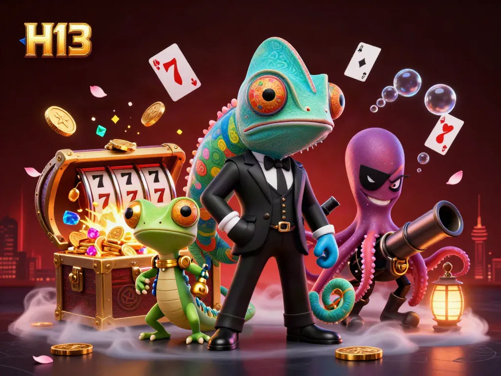 H13 chameleon character engaging players in dynamic casino action with slots and treasure.
