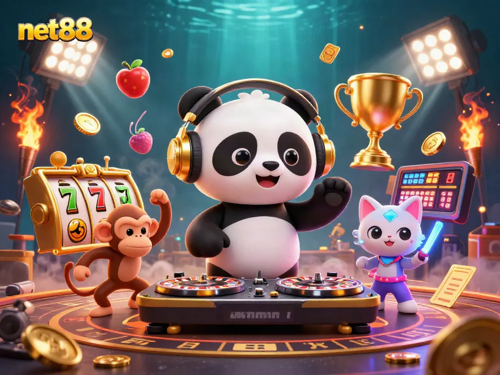 Bet on net88 with a lively scene of a DJ panda and friends celebrating jackpot wins in a vibrant casino.
