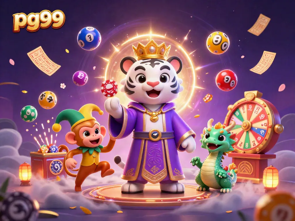 Engage with pg99 as playful characters bring vibrant casino elements to life in a dynamic illustration.