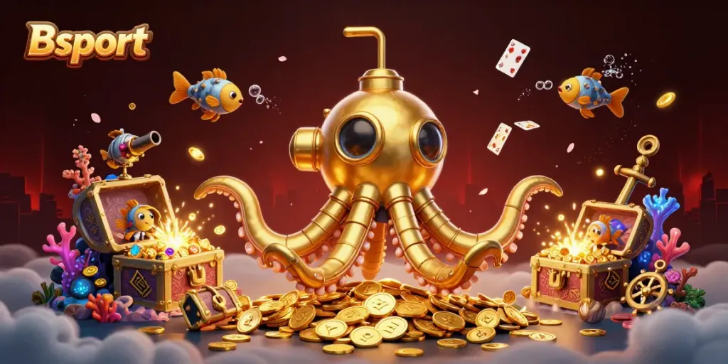 Bsport features a golden kraken submarine amidst a treasure of coins and glowing gems, enhancing online gaming.