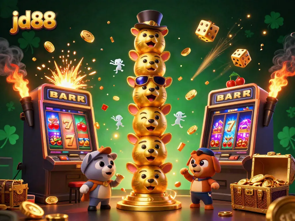 Engage with jd88's vibrant slot machine jackpot explosion featuring a totem pole and casino elements.