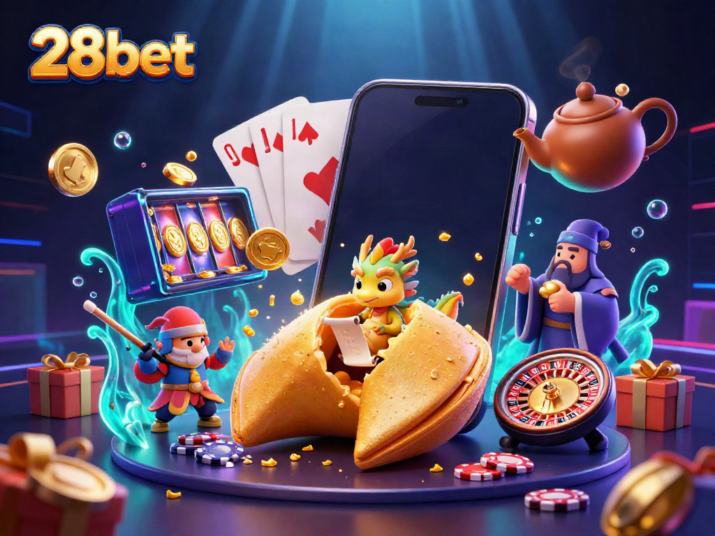Engage with 28bet's dynamic casino fun featuring a giant fortune cookie and gaming icons.