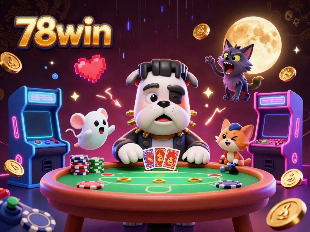 Experience thrilling gaming action with 78win's lively casino characters at a vibrant poker table.