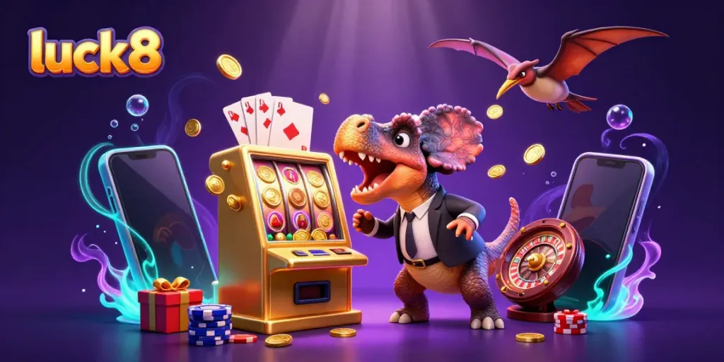 Luck8 themed illustration with a cartoon dinosaur at a slot machine, excitement around casino games.