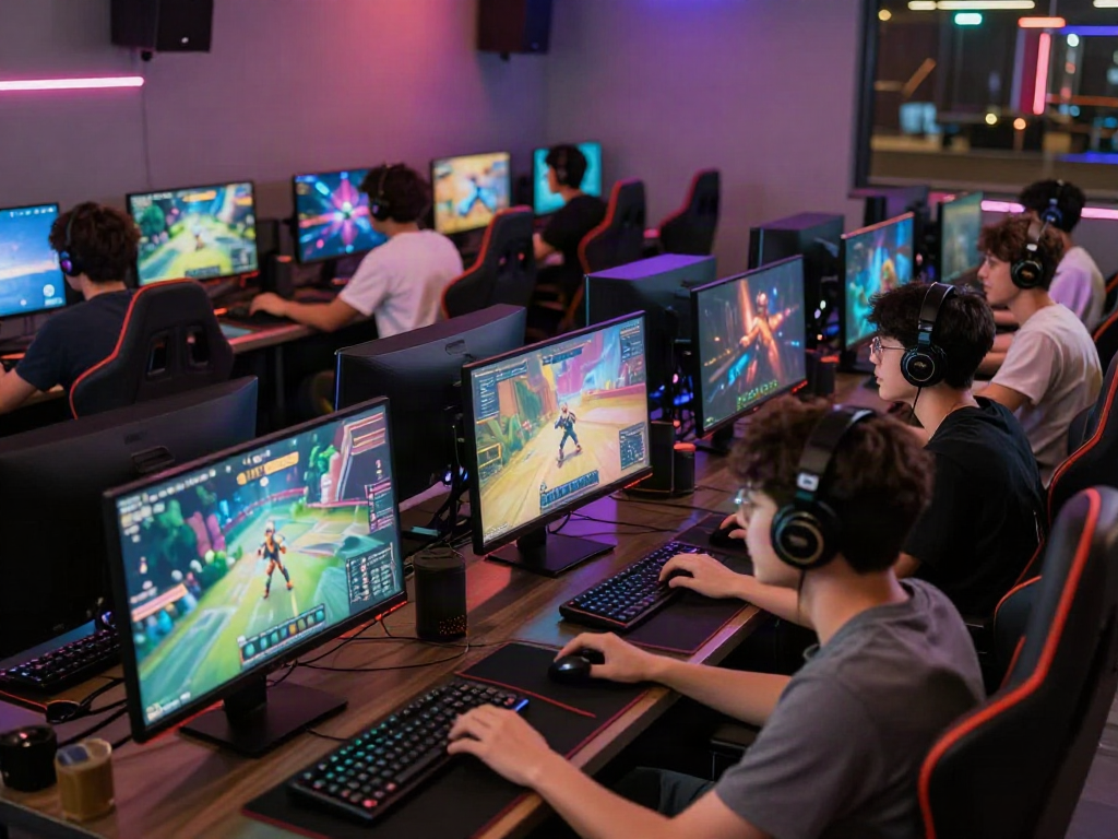 Warung168 gaming enthusiasts collaborating and playing in a lively internet café.