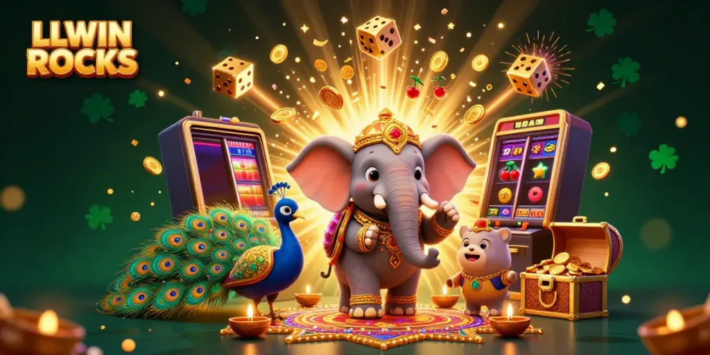Experience thrilling jackpots at LLWIN ROCKS with vibrant visuals of slots, elephants, and casino excitement.