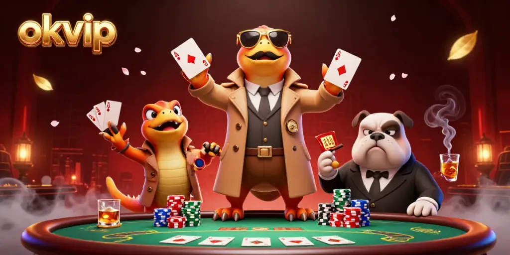 Join the fun at okvip casino as raptors sneak into a VIP lounge amidst poker elements and vibrant décor.
