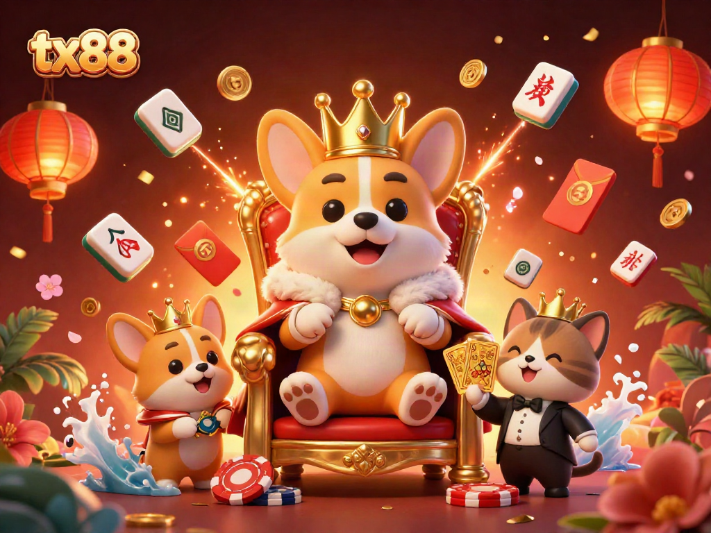 tx88 features a royal corgi on poker chips surrounded by festive casino elements.