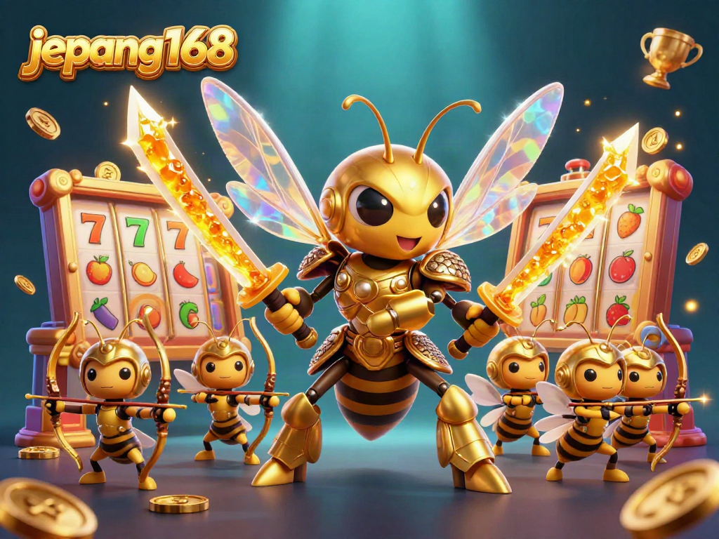 Win big at japones168 with giant samurai hornet in a vibrant slot game illustration.