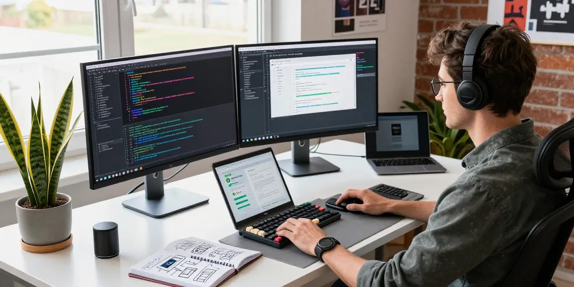 Software developer focused on coding at a modern desk showcasing pecah404 technology elements and vibrant office decor.