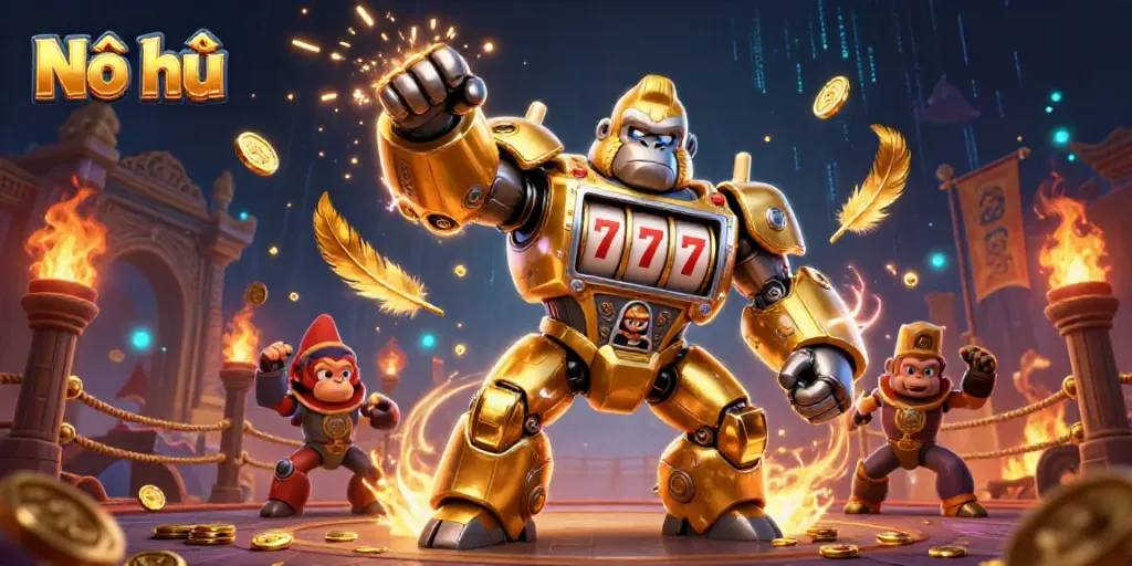 Experience Nổ hũ with a dynamic 3D mech gorilla bursting with slot machine features and gold coins.