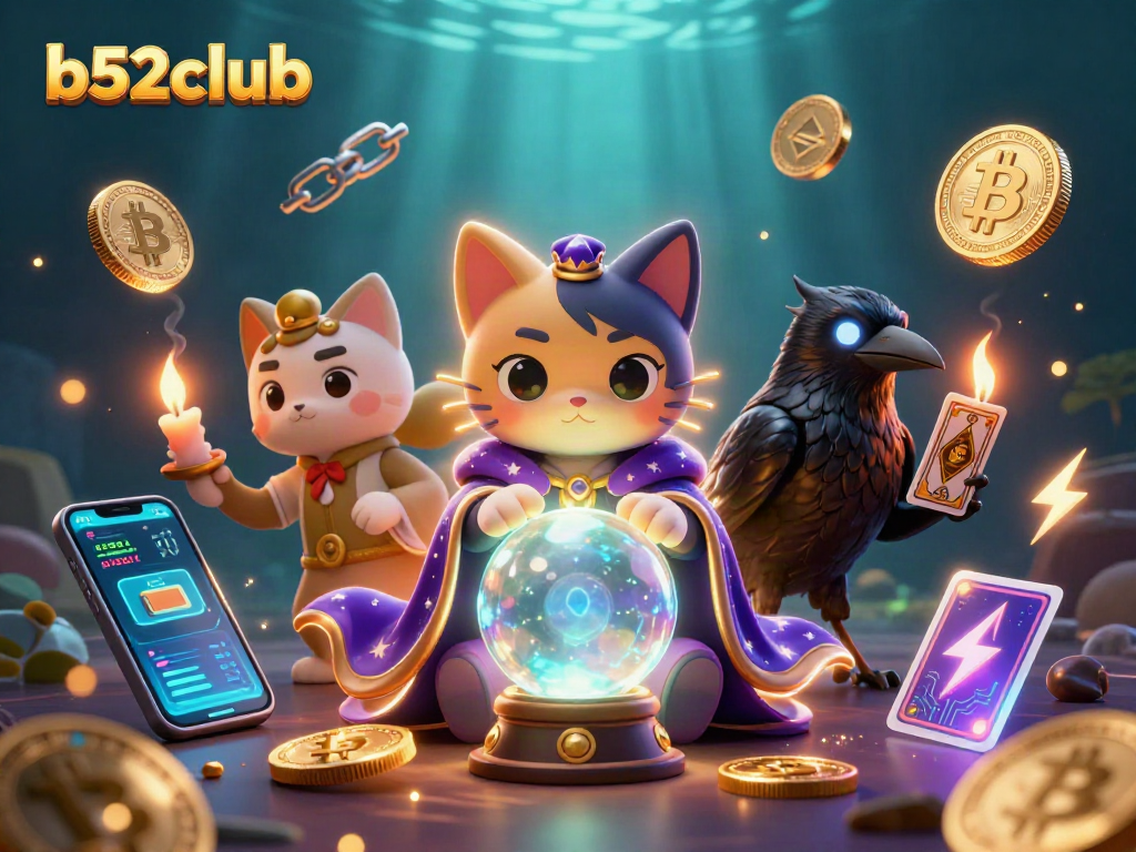 Join the adventure at b52club with an engaging mystical casino scene featuring glowing crypto coins.