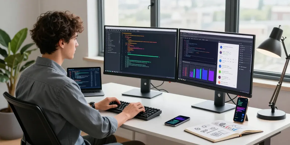 Developer coding in a bright tech workspace, showcasing crush ai tools and vibrant project dashboards.