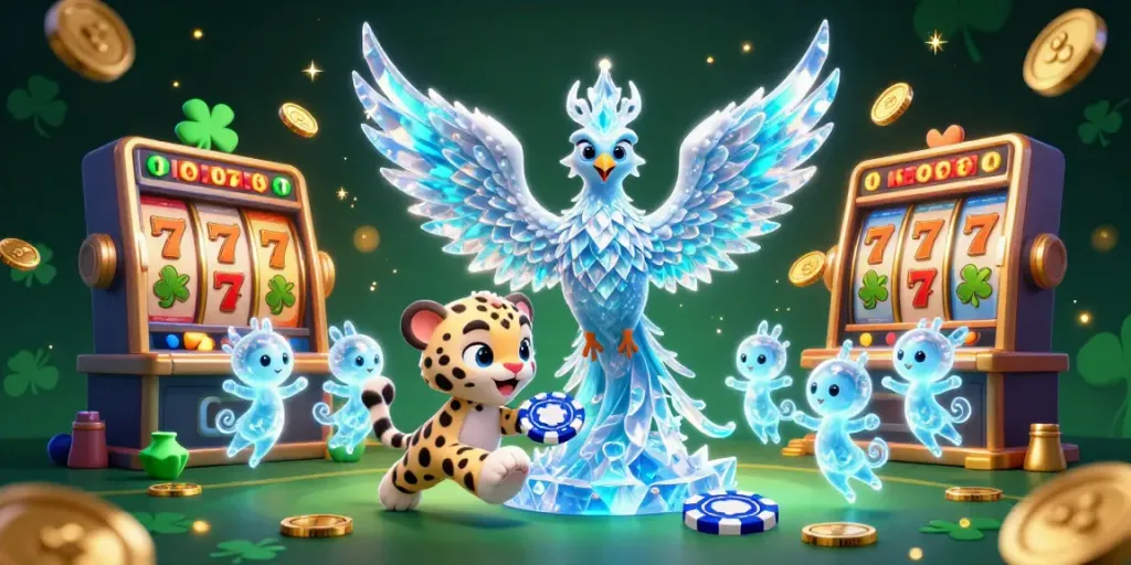 Experience the thrill of tải app 789club with enchanting ice phoenix and sparkling gambling elements in a vibrant 3D scene.