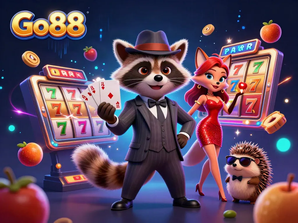 Experience the excitement of Go88 in this vibrant casino illustration showcasing slot games and themed characters.