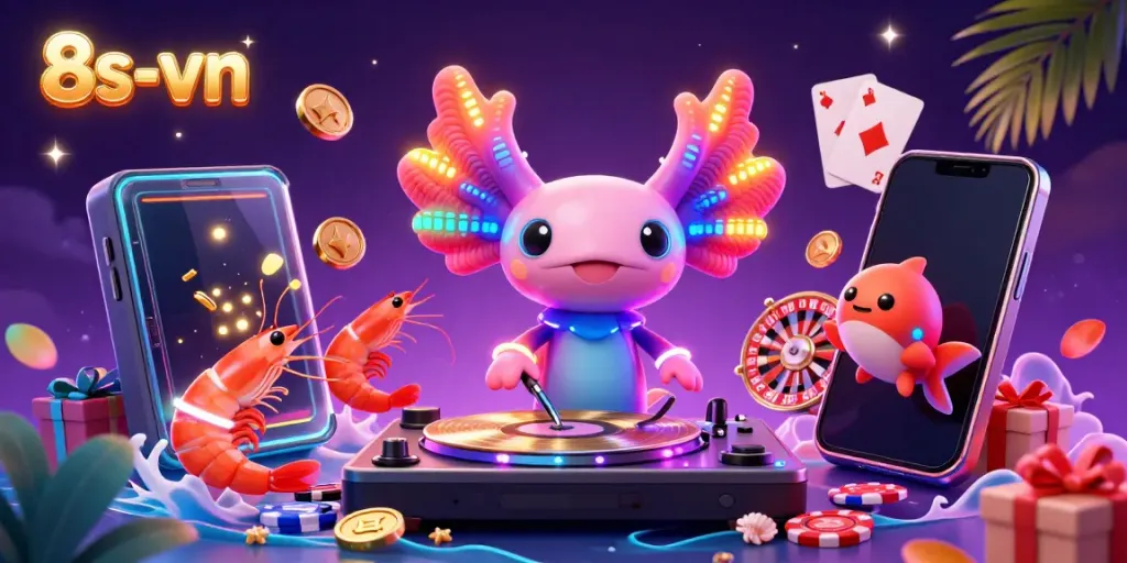 Experience the vibrant energy of 8s-vn with a neon axolotl DJ spinning a colorful slot game!